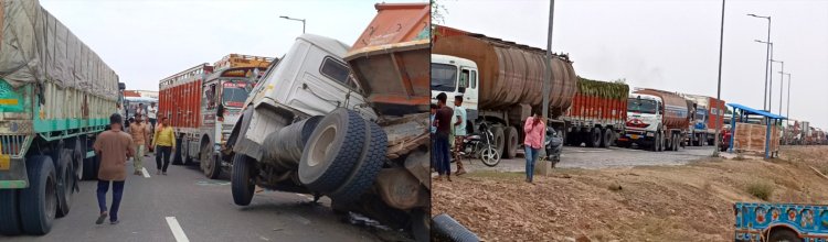 बिना बेरीकेट्स लगाये वाहन चैकिंग, लापरवाही से हुआ सड़क हादसा, सवा घंटे तक हाईवे जाम