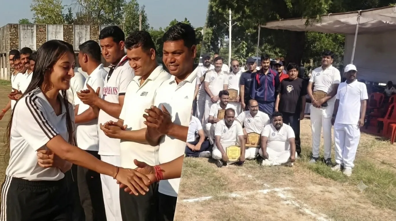 पुलिस और पत्रकारों के बीच क्रिकेट मैच का दृश्य