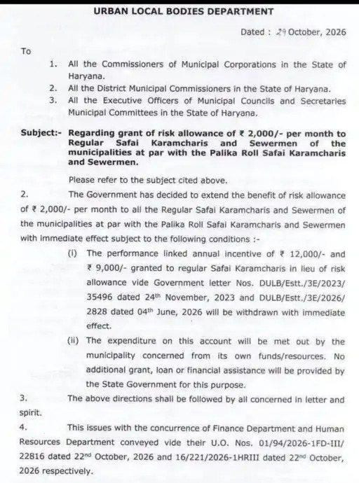 हरियाणा के इन कर्मचारियों का परफार्मेंस अलाउंस वापस लिया, अब मिलेगा हर माह 2 हजार रुपए जोखिम भत्ता